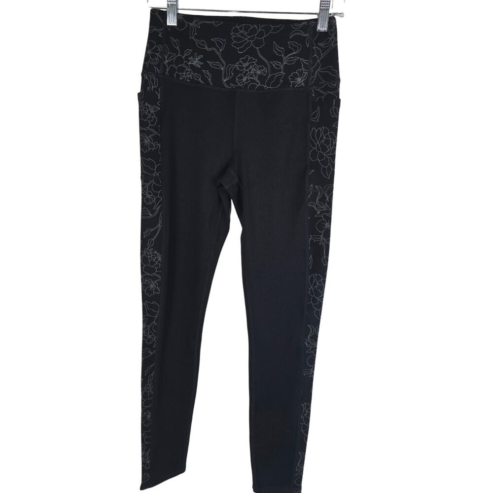 Skechers Black White Floral Side Print Pockets Women's Athletic Leggings Small